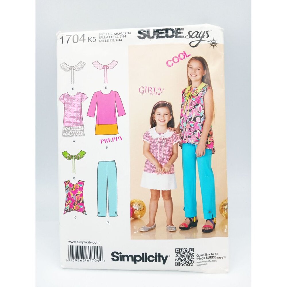 Simplicity Suede Says Pattern 1704 Girl Dress Tunic Pants Collar Size 7-14 Uncut